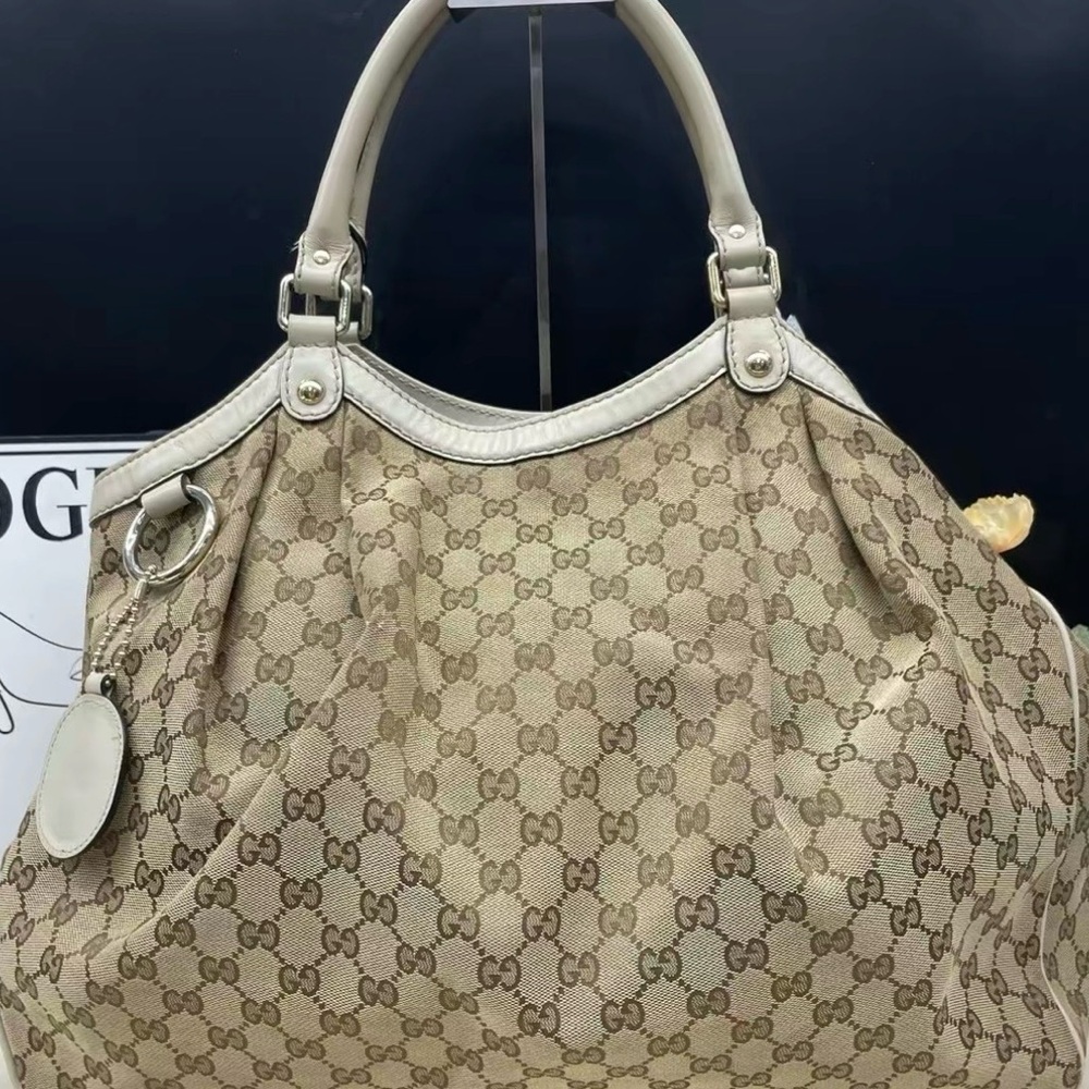 Gucci Beige Monogram Canvas Tote with Cream Leather Trim